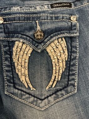 Miss Me Bootcut Jeans Size 28 Medium Wash Distressed Rhinestone Wing Pockets Y2K